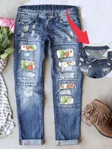 Women's Ripped Patched Ultra-Cute Strawberry Print Boyfriend Washed Vintage Style Elastic Waist Denim Jeans Casual Fashion Jeans Graphic Jeans