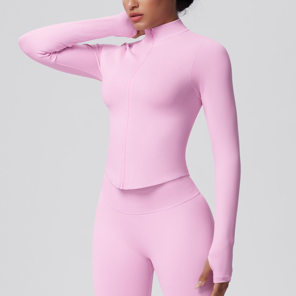 Women's Ribbed Cropped Yoga Jacket, Breathable Long Sleeve Zip-Up Compression Activewear with Thumb Holes for Gym & Running, Plus Size, Female, Large, Normal Type, Thumbhole Cuff, Tight, Slim-Fitting, Stretchable, Thumbholes, Slim Fit, Stretch Fabric