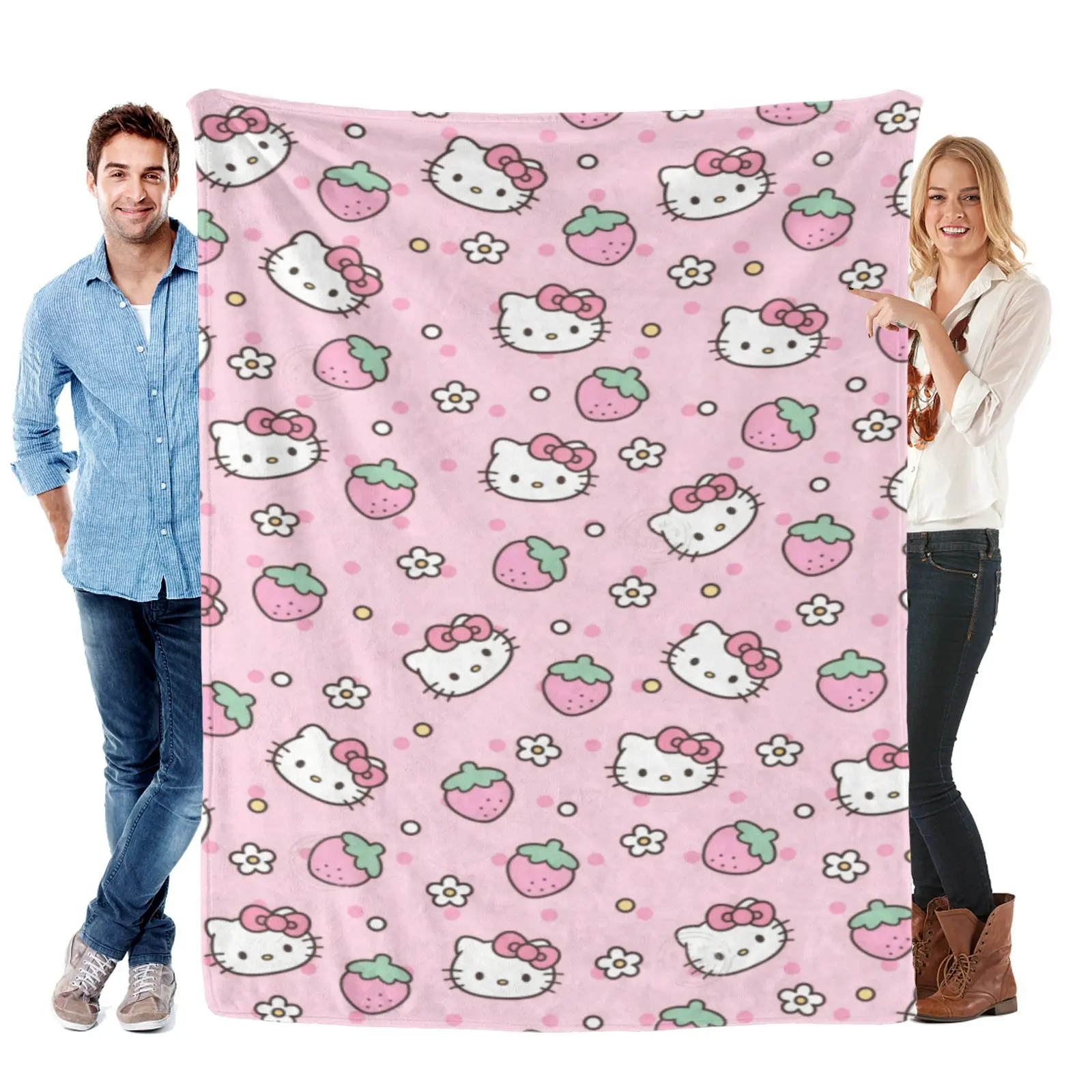 [Summervibes] Sanrio Pink Daisy Strawberry Hello Kitty Blanket, Plush Flannel For Dorm Sofa, Strawberry Coquette Hello Kitty Throw Daily Home Decor