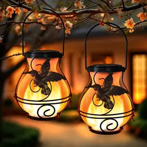 2 Pack Solar Lanterns, Outdoor Flickering Flame Lights, Hummingbird Metal Hanging, Patio Porch Garden Decoration, Energy Efficient Lighting