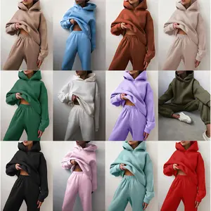 2025 Comfortable Thick Fleece Oversized Couple Hoodie and Loose Sweatpants Set Women's Long Sleeve Pullover Basic Simple Black Set Casual Clothing