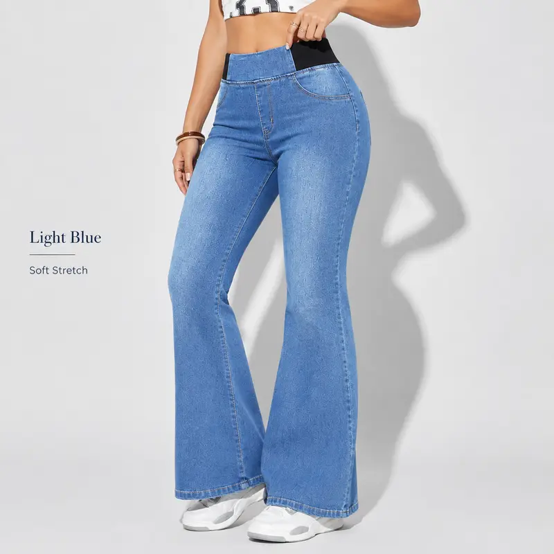 Women’s High Waisted Casual Slim Fitted Flare Crop Jeans - Stretch Retro Blue Denim Bootcut Pants with Pockets, Elastic Waist, Curve-Flattering Y2K Streetwear for Everyday School Travel
