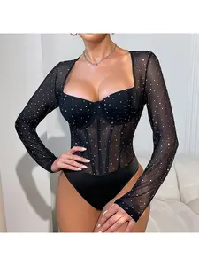 Women's Sheer Corset Bodysuit Underwire Lingerie - Black Mesh Teddy with Sparkle Boning & Long Sleeves for Hot Girl Edge