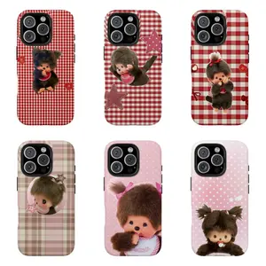 Monchhichi pink plaid phone case cute plush character with star design Compatible for iPhone 17 16 15 14 13 12 11 and for Samsung S21-S25 best gift for your nostalgic friend