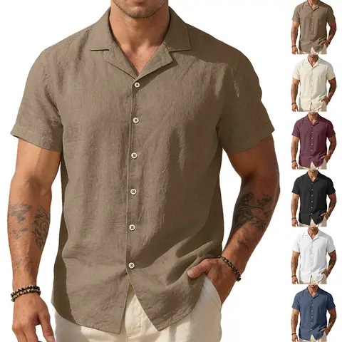 Men's Natural Linen Short-Sleeve Cuban Collar Casual Shirt - Lightweight, Breathable, Moisture-Wicking, Non-Stuffy - Ideal for Island Vacations, Office Commuting