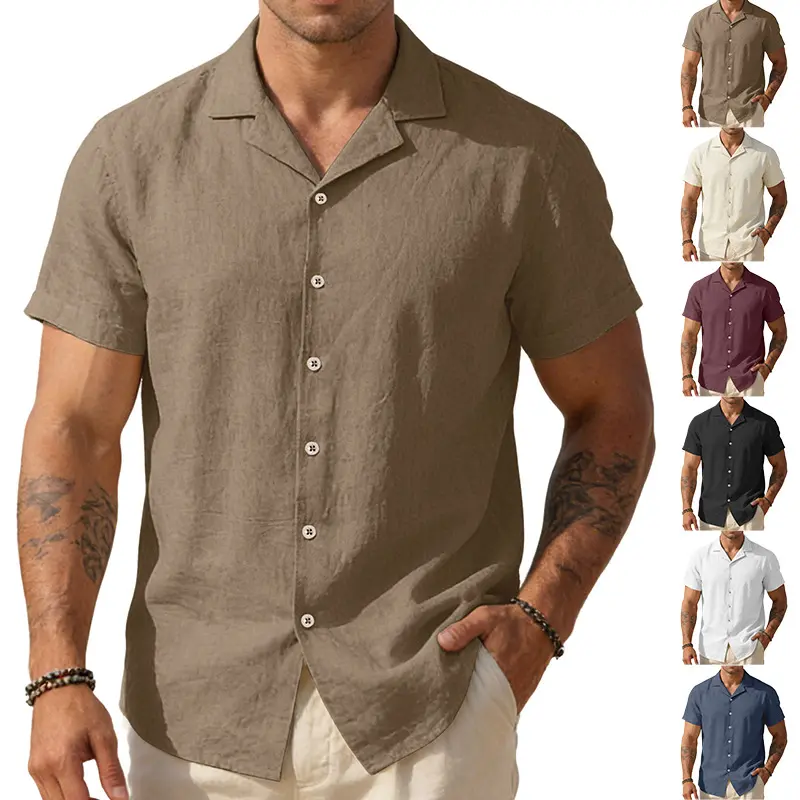 Men's Natural Linen Short-Sleeve Cuban Collar Casual Shirt - Lightweight, Breathable, Moisture-Wicking, Non-Stuffy - Ideal for Island Vacations, Office Commuting