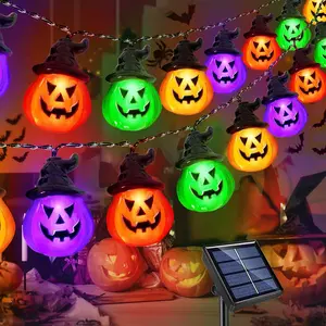Upgraded Solar Halloween Lights Outdoor, Solar Powered Pumpkin String Lights,16ft 20LED 8 Modes Waterproof Halloween String Lights  Garden Patio Landscape Halloween Decorations(Multicolor)