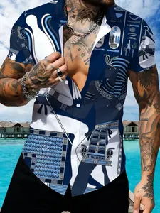 Men's Casual Slim-Fitting Short Sleeve Shirt, Egyptian Pharaoh Totem All-Over Print, Trendy Leisure Open-Knit Top for All Seasons