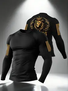 Men's Crown Lion Print Long Sleeve T-Shirt, Comfortable and Stylish for Sports and Daily Wear, Casual Fitted Design, All Seasons, Animal Pattern Sportswear, Athletic Tops, Sporty T Shirt, Athletic Sports Clothing, Athletic Style, Athletic Active Tops