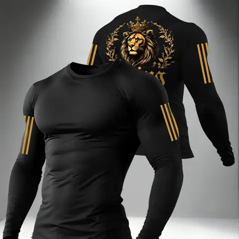 Men's Crown Lion Print Long Sleeve T-Shirt, Comfortable and Stylish for Sports and Daily Wear, Casual Fitted Design, All Seasons, Animal Pattern Sportswear, Athletic Tops, Sporty T Shirt, Athletic Sports Clothing, Athletic Style, Athletic Active Tops
