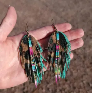 'Devon' Teal Handmade/Handcut Fringe Feather Earrings