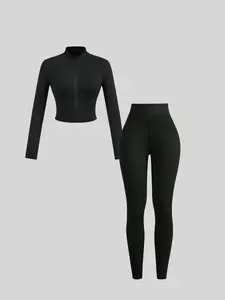 Women's Yoga Set, Workout Sets, Fashionable Solid Color Basic Long Sleeve Zipper Jacket & High-Waisted Slim Fit Pants, Sportswear, Sportswear For Gym