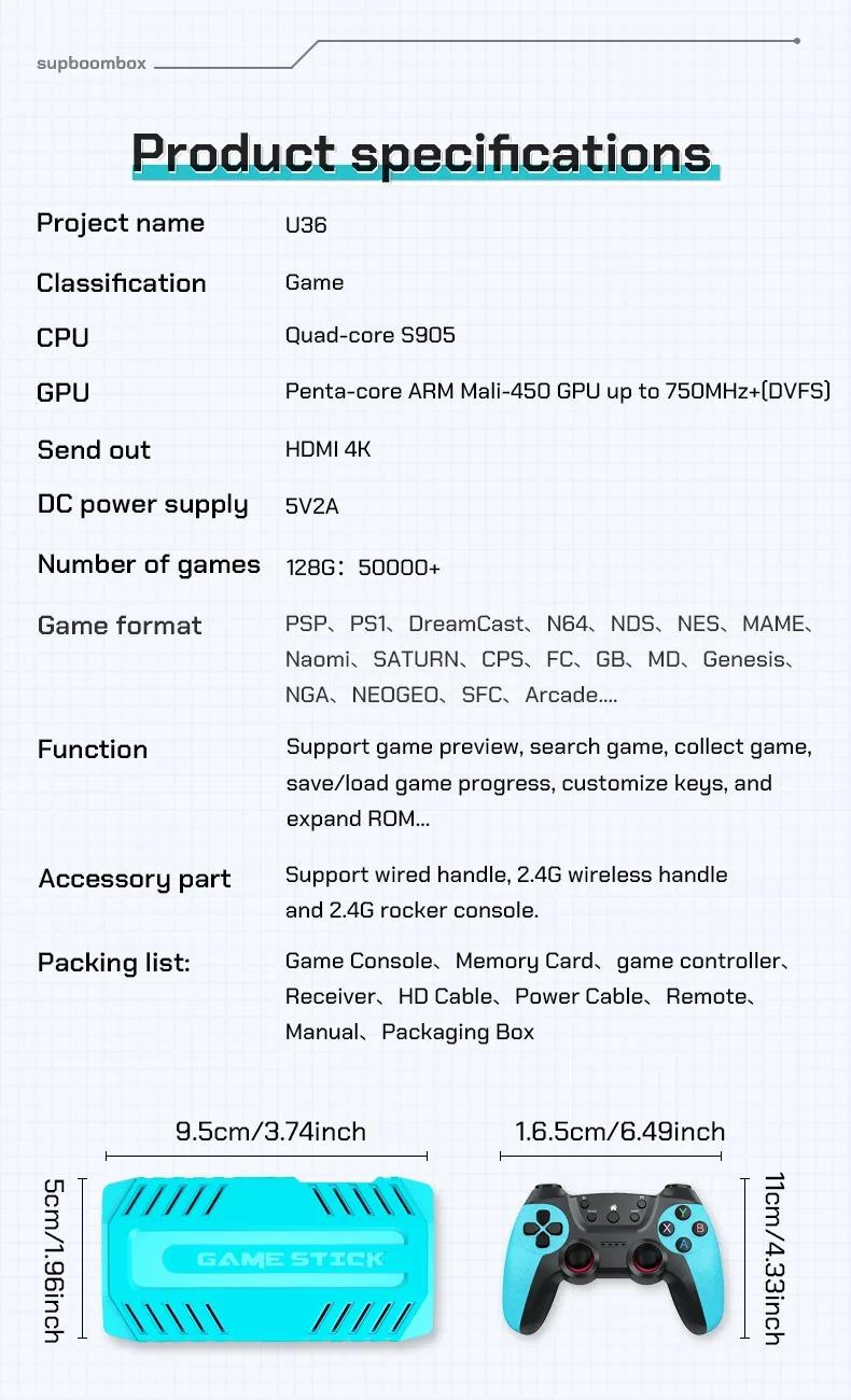 Wireless Game Stick Retro Gaming Console S905 128G 50,000+ Games Support 40+ Classic Emulators For PS1/PSP 4K HDMI Kid Gifts