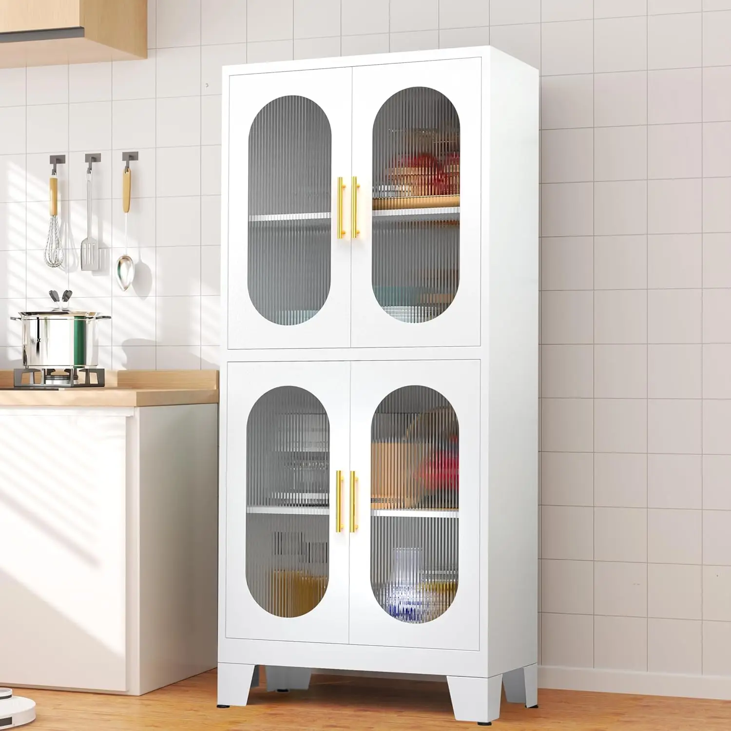 Metal Storage Cabinet, Kitchen Pantry Cabinet with Acrylic Glass Doors and Adjustable Shelves, Pantry Storage Cabinet for Kitchen, Living Room, Office
