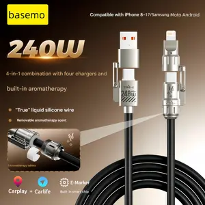 Basemo 240W 4-in-1 Fast Charging Cable with Scent, Compatible with iPhone 17 Pro/16 Pro Max/15 and Samsung S25 Ultra - Black, Lightning Connector, Camping Essential