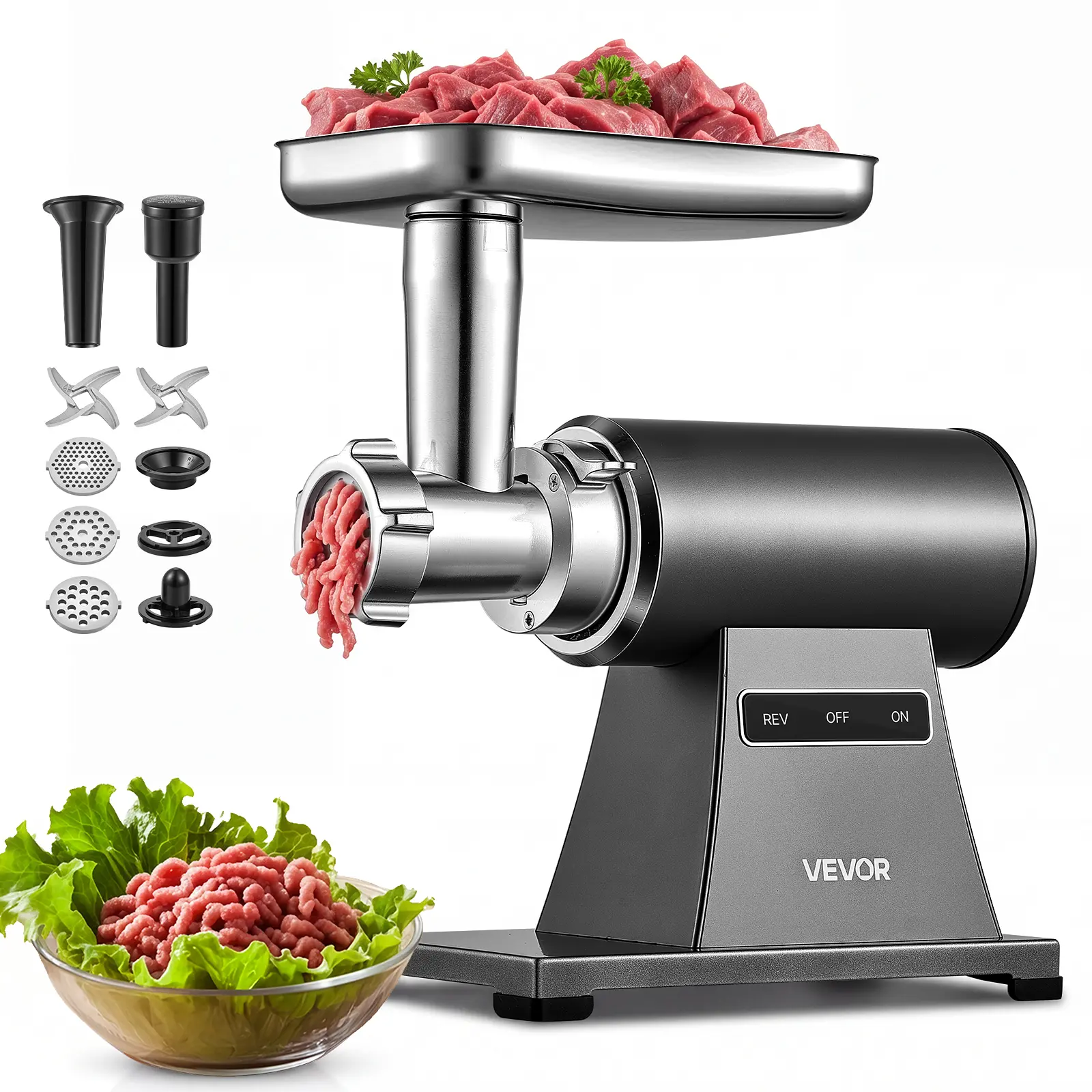 VEVOR Electric Meat Grinder, 3.3-4.4 Lbs/Min 2000W Max, #5 Home Meat Mincer with 3 Grinding Plates, Sausage Stuffing Tube & Kubbe Kit, 300W Steel Sausage Meatballs Maker for Home Kitchens