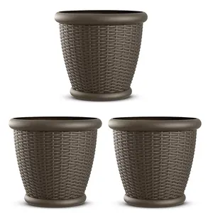 Suncast Willow 18" Plastic Decorative Wicker Patio Planter Pot, Java (3 Pack) Suncast Willow 18" Plastic Decorative Wicker Patio Planter Pot, Java (3 Pack)