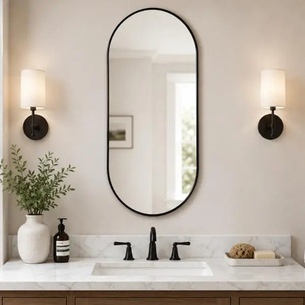 Black Oval Wall Mirror for Bathroom | 4mm HD Silver Glass with No Distortion | 6mm Ultra-Thin PVC Frame & 8mm Slim Profile | Horizontal & Vertical Mounting | Modern Minimalist Vanity Mirror (16x36" / 18x40")