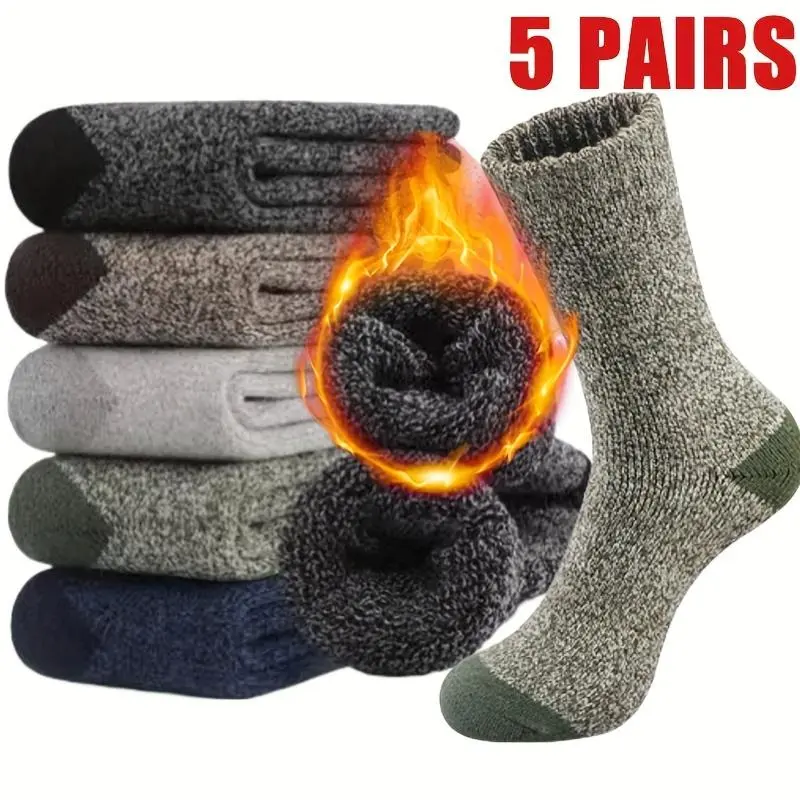 Women's Thigh-High Socks, 5 Pairs Plain Polyester Elastic Blend, Thick Soft Comfortable Knitted Round Head, Warm for Cold Weather (Men's Option Available)