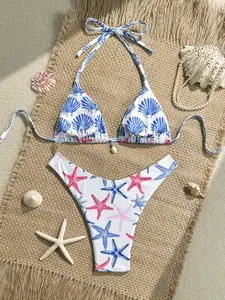 Fresh Blue Starfish Print Bikini, Slimming Vacation Swimsuit, Ocean Wind Starfish Bikini, Girls Sexy Slim Swimwear, Oceanic Theme