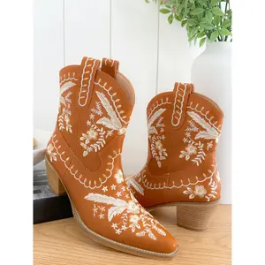 Detailed Floral Stitch Round Toe Boots