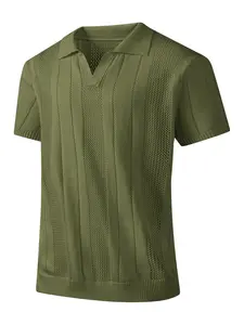Men's Thin Fitted Knit Sweater, Casual Hollow Out Jacquard Pullover, Pure Color Big Collar Geometric Polo Shirt, Stylish and Comfortable, Knitwear
