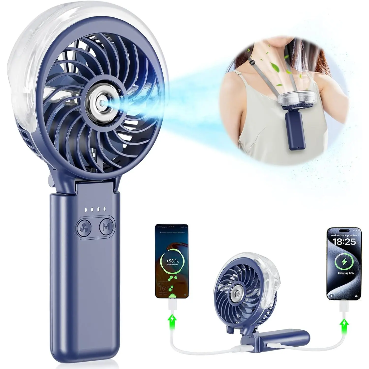 water bottle fan 5200mAh Upgraded Handheld Misting Fan, Portable Mister Fan Rechargeable, Spray Water Mist Fans, Electric Hand Cooling Ice Fans for Summer Beach Travel Concerts, Gifts for Women(Royal Blue)water bottle fan