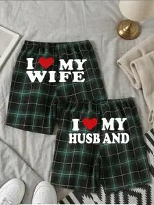 I Love My Wife/Husband Plaid Matching Shorts Set - Breathable Elastic Waist Loungewear, TikTok Funny Couple Pajama Shorts, Plaid Pajamas, Casual Streetwear Plaid Bottoms, Cozy Homewear Sleep Shorts for Vacation & Daily Wear, Red & Green Plaid Options