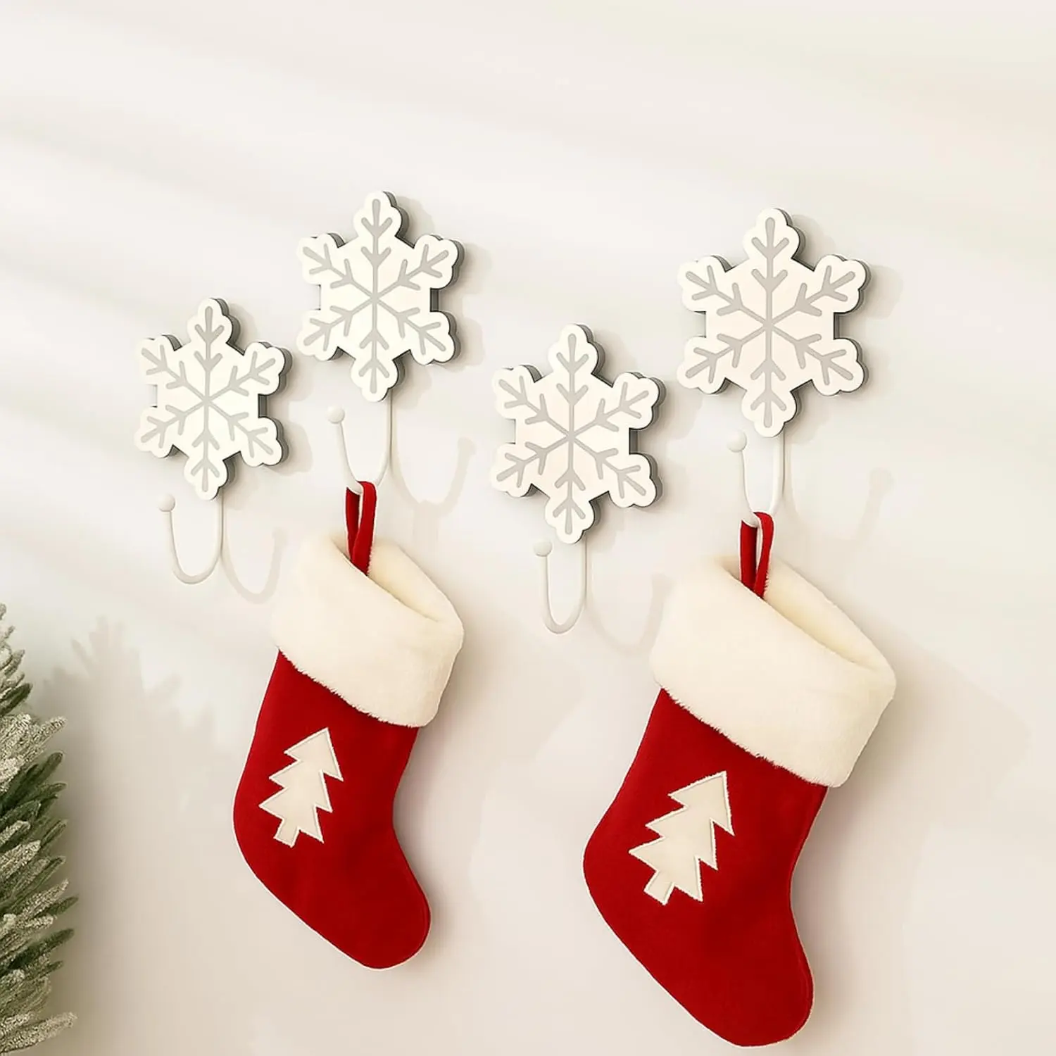 Christmas Stocking Holder Set of 4 Christmas Stocking Hooks Snowflake Wall Hooks for Towel White Key Holder Bathroom Decor Rustic Decorative for Living Room Bathroom