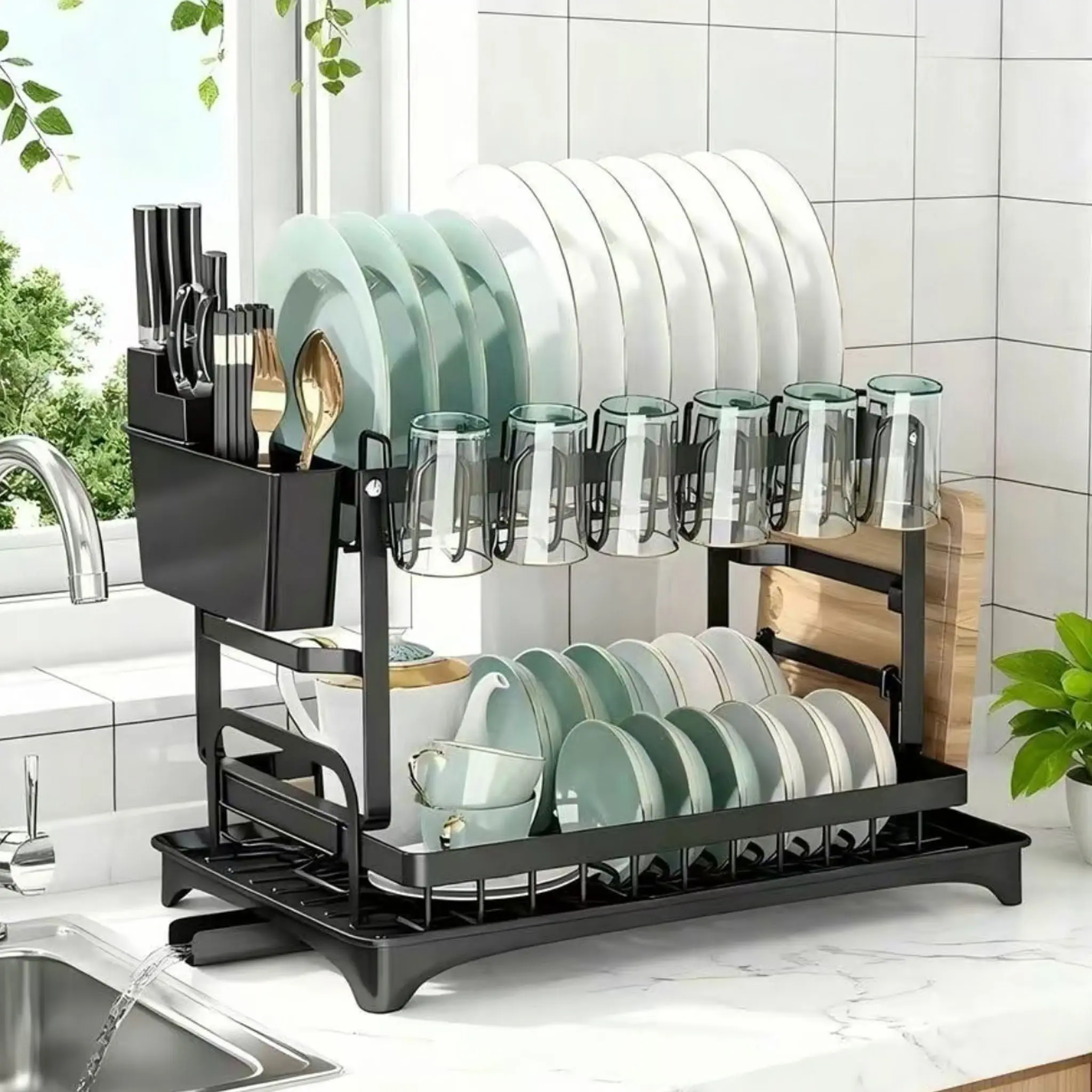 Drying Rack Kitchen, 2Spring SaleTier Dish Drying Rack, Space-Saving Large DishRacks for Kitchen Counter with DrainboardExtendable Spout Strainers & Utensil Holder andKnife Slots