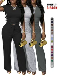 Women's 2 Piece Summer Outfits Lounge Sets Side Ruched Short Sleeve Crop Top & Wide Leg Pants Matching Tracksuit