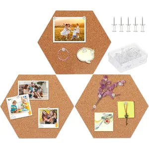 3 Pack Self-Adhesive Cork Board Tiles Hexagonal Cork Board Mini Wall Bulletin Board with 50 Multi-Color Push Pins