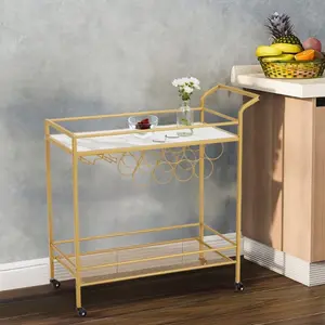 Gold Bar Cart with Wine Rack & Glass Holders, Rolling Serving Cart with Wheels for Kitchen, Dining Room, or Home Bar