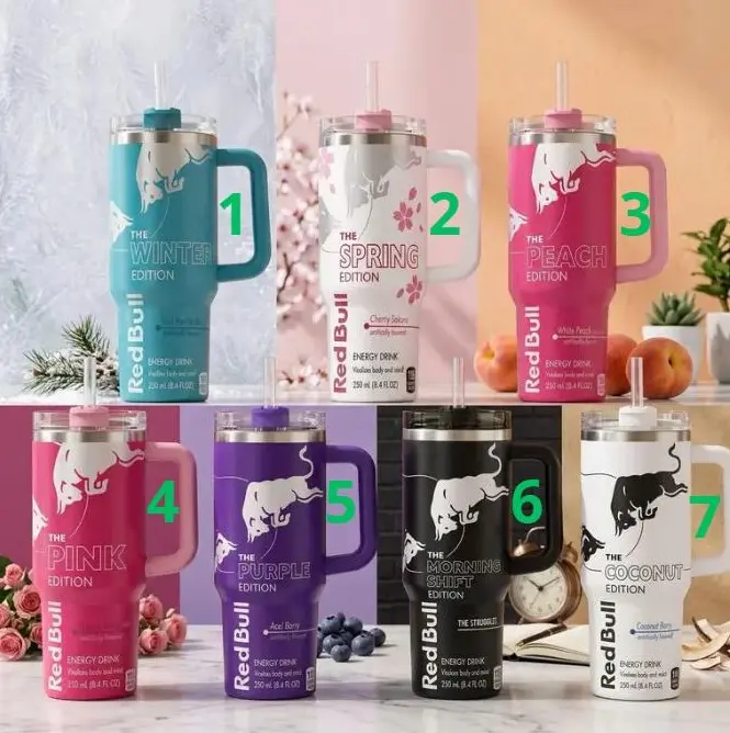 [Gift box and straw] [Energy Drink Collector Edition] Red's Bull's 40oz Tumbler with Handle & Straw, Pink White Black Blue Purple Edition, Stainless Steel Double Wall Vacuum Insulated Travel Mug