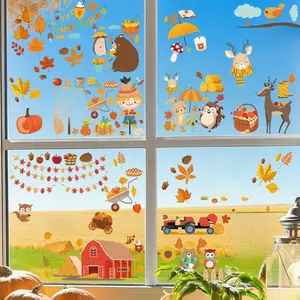 Thanksgiving Window Clings, 9 Sheets Thanksgiving Windows Decals for Fall Harvest Home Party, Double-Sided Autumn Leaves Window Stickers, Thanks Giving Holiday Decor for School Home Glass