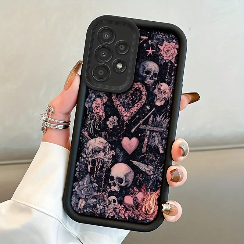 Skull Heart Pattern 2D Printed Soft TPU Protective Casing for Samsung Galaxy S26 S24 Plus S24+ S25 S23 S22 S21 Ultra FE Note20 A54 A53 A52 A36 A35 A34 A33 A17 A16 A15 A14 A13, Shockproof Cover with Full Body Camera Lip Protection, Mobile Phone Accessory,