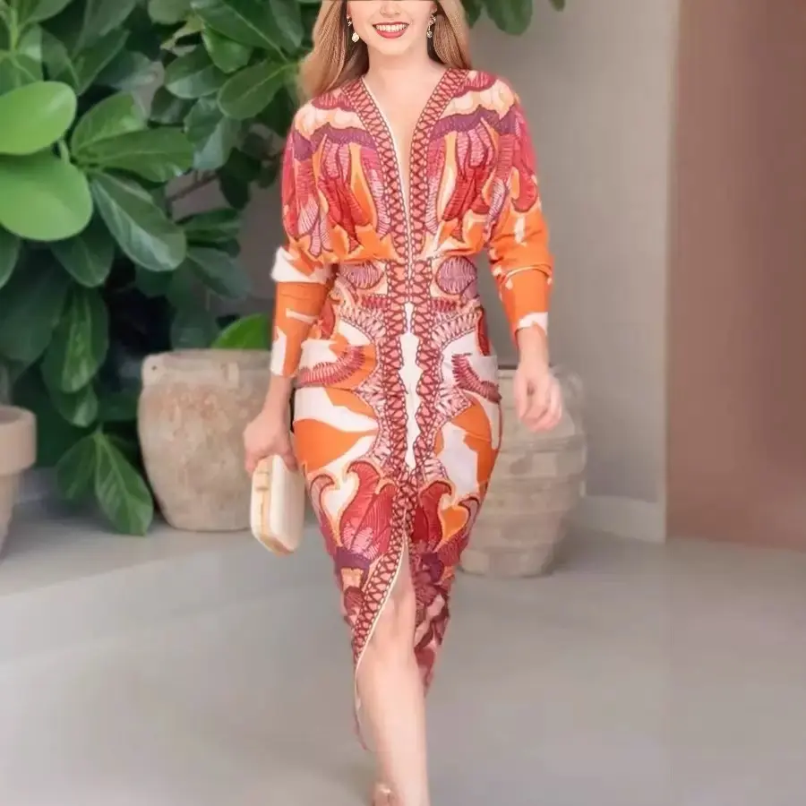 Summer dress for women, print, low-cut V-neck, mid-length dress, casual, ruched, slit, tight-fitting poster dress