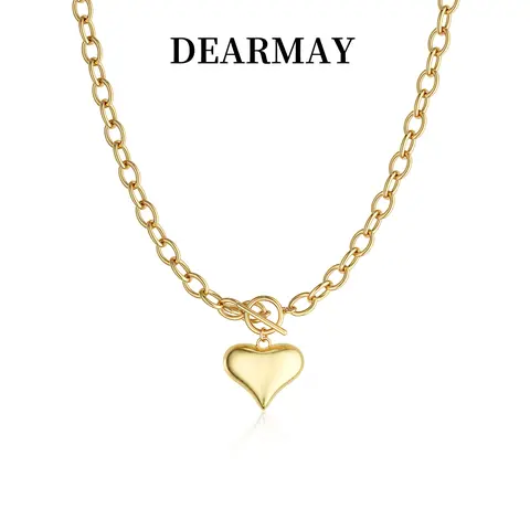 Dearmay Women's Bold 'n Vibrant Chunky Stainless Steel Cuban Link Chain Necklace - Gold, Pearl Heart Charm, Non-Tarnish, Exquisite Jewelry Gift, Gift-Ready Statement Golden Heart Necklace for Her Birthday