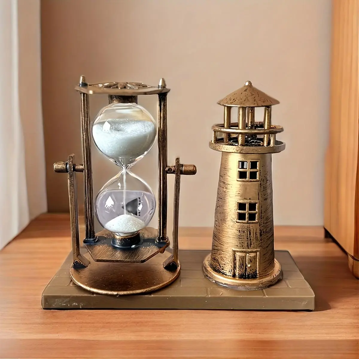 Vintage Bronze Lighthouse Hourglass Ornament 3D Desktop Decor for Home & Office Creative School Season Gift Desktop Ornament