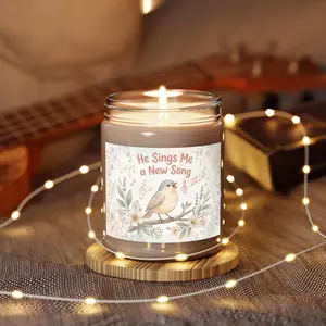 He Sings Me a New Song Candle, Pastel Farmhouse Chic Christian Candle, Bird & Floral Worship Decor, Faith Gift Companion to Matching Tee