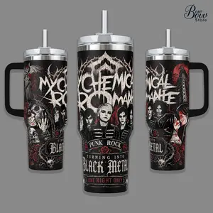 My Chemical Romance Punk Rock Turning Into Black Metal One Night Only 40oz Tumbler | MCR Gothic Rock Fan Gift Insulated Cup With Handle & Straw
