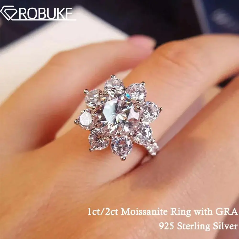 1CT 2CT Moissanite Rings For Women Sunflower Brilliant Diamond S925 Silver 18K Plated Wedding Jewelry Ring with Certificate