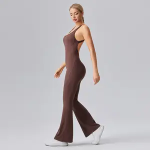 Women's Solid Color Flare Leg Sports Jumpsuit, Casual Comfy Breathable Jumpsuit for Yoga Gym Workout, Ladies Sportswear for Summer