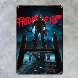 Metal Tin Sign Featuring Horror Icon Jason Voorhees for Unique Room Decor and Themed Spaces Ideal Gift for Fans of Frights and Thrills Halloween Photo Plaque Home Decoration