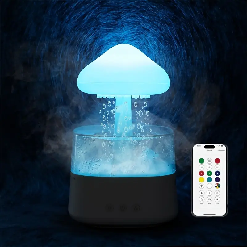 15.22oz Rain Cloud Mushroom Humidifier with Remote Control - 7 Color Mood Light & Soothing Waterfall Sound, USB Powered for Bedroom, Office - Enhances Sleep & Health, White, Bedroom Humidifier|Decorative Humidifier|Polypropylene Build, Humi