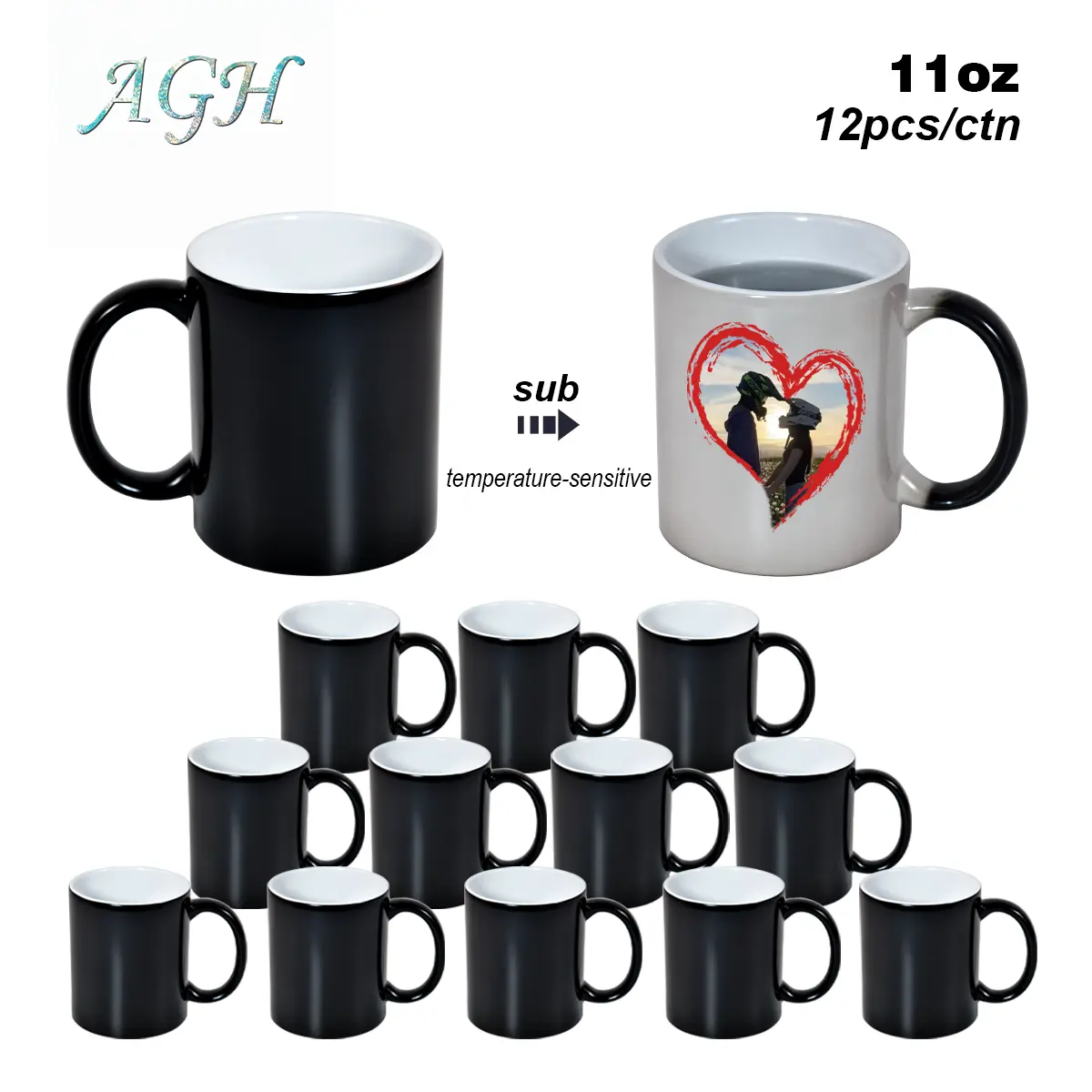 AGH 12pcs 11oz Hot Water Color Changing Mugs Sublimation Color Changed Coffee Cups for DIY Gifts ,Ceramic Mug Includes Gift Boxs