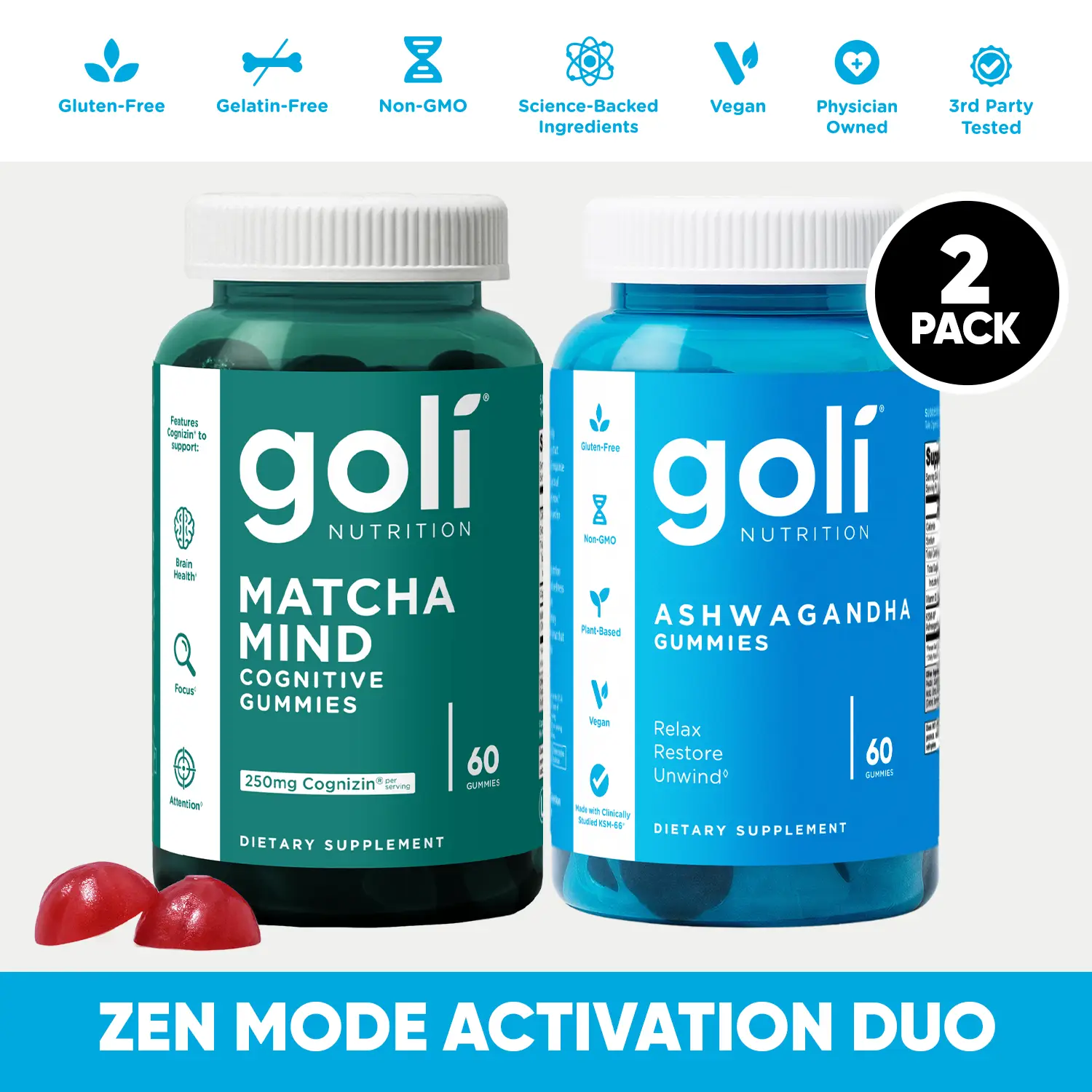 Zen Mode Activation Duo - Goli Ashwagandha & Vitamin D Gummy - Mixed Berry, KSM-66, Vegan, Plant Based, Non-GMO, Gluten-Free & Gelatin Free & Matcha M
