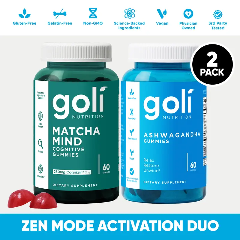 Zen Mode Activation Duo - Goli Ashwagandha & Vitamin D Gummy - Mixed Berry, KSM-66, Vegan, Plant Based, Non-GMO, Gluten-Free & Gelatin Free & Matcha Mind Cognitive Gummies