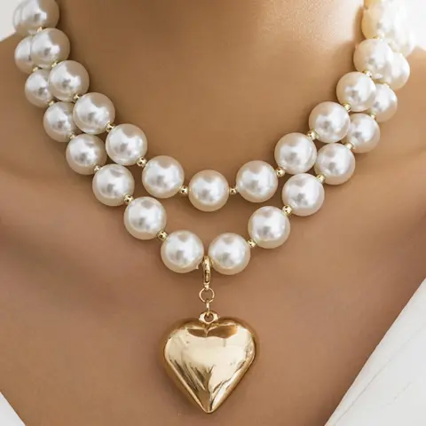Mother's Day Gift Boho Faux Pearl Decorated Beaded Necklace, Elegant Heart Pendant Necklace for Women and Girls, 2024 New Trendy Versatile Accessories for Dates, Parties, Boho Style Jewelry, Faux Pearl Jewelry