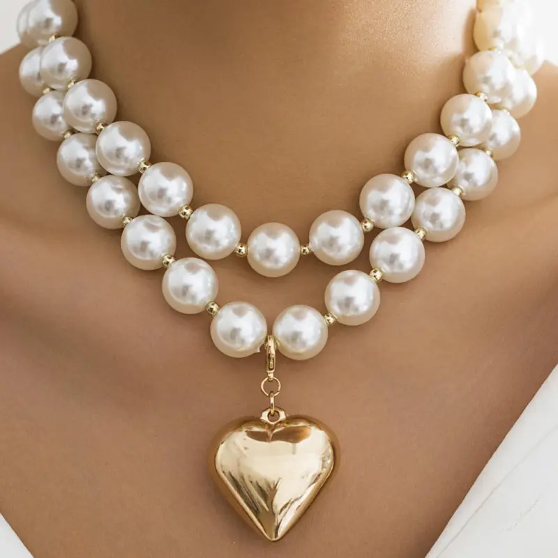 Mother's Day Gift Boho Faux Pearl Decorated Beaded Necklace, Elegant Heart Pendant Necklace for Women and Girls, 2024 New Trendy Versatile Accessories for Dates, Parties, Boho Style Jewelry, Faux Pearl Jewelry